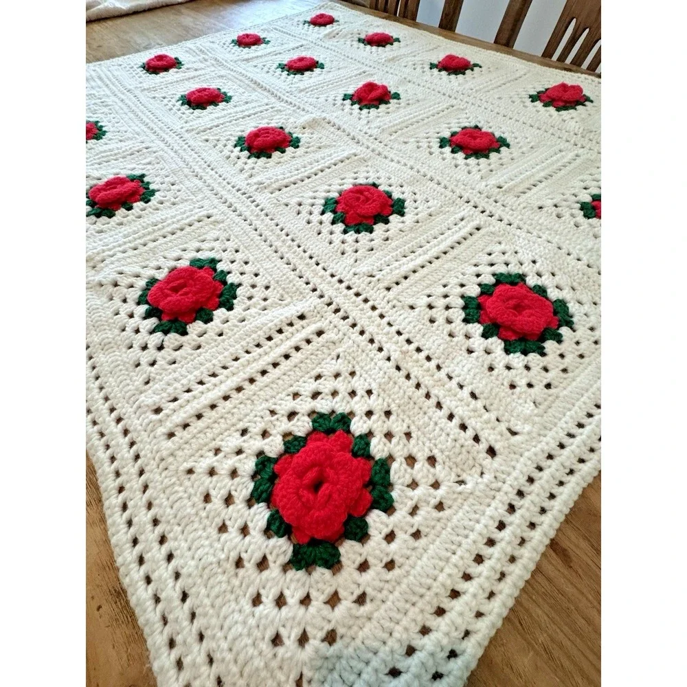 Red Rose 3D Flower Knitted Handmade Granny Square Blanket 38X46